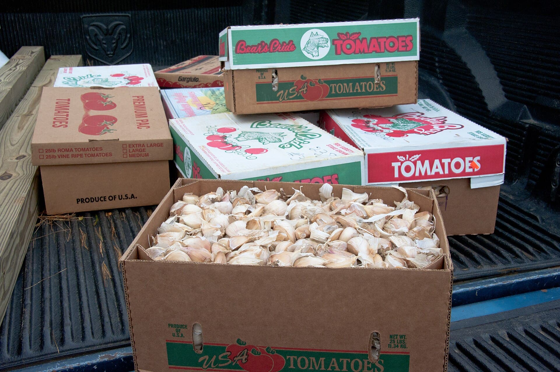 A crate of garlic heads broken into individual cloves, ready for planting, stacked with other produce boxes