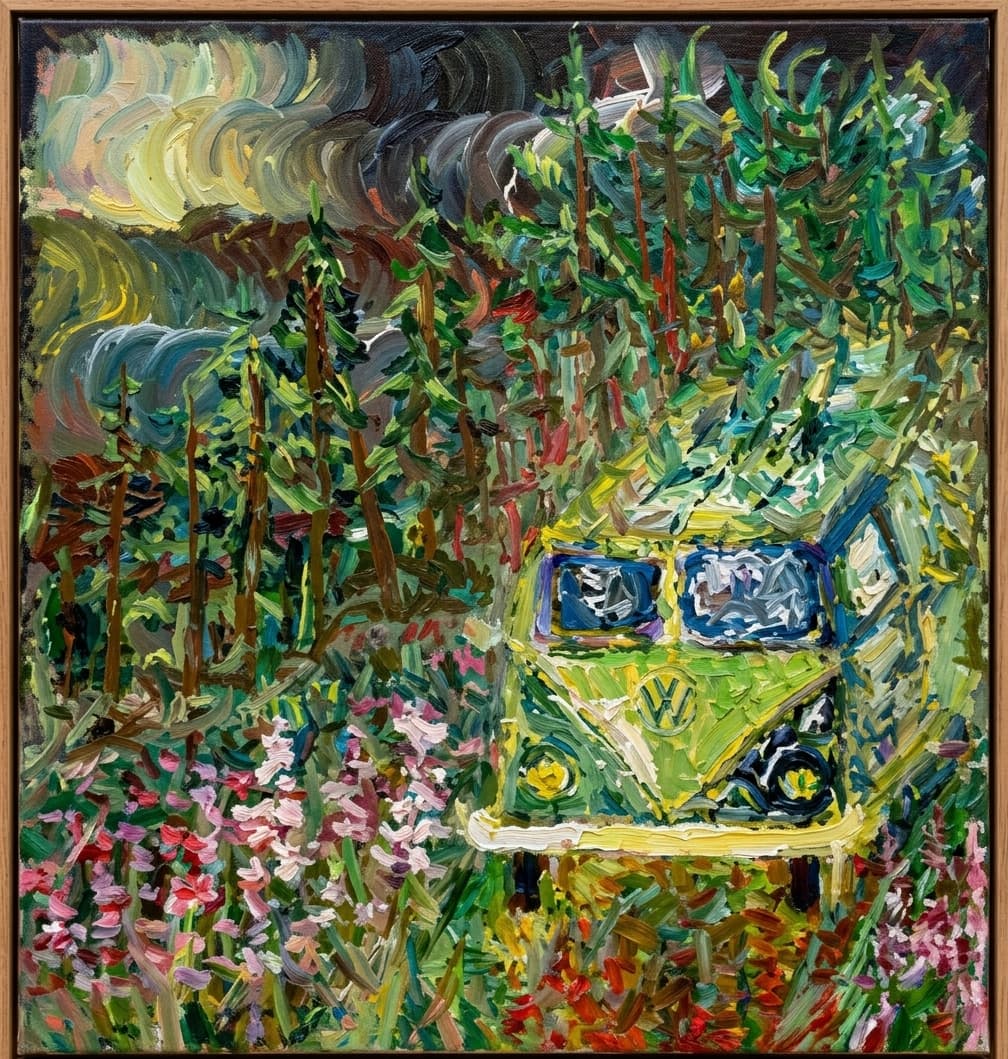 Acrylic on canvas painting by Sun & Rain Works of a VW bus parked in an Oregon forest among wildflowers